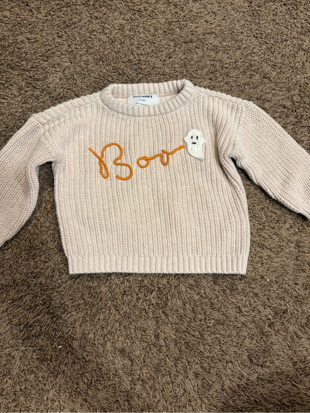 Old Navy Cream Knit Sweater with Orange 'Boo' and White Ghost